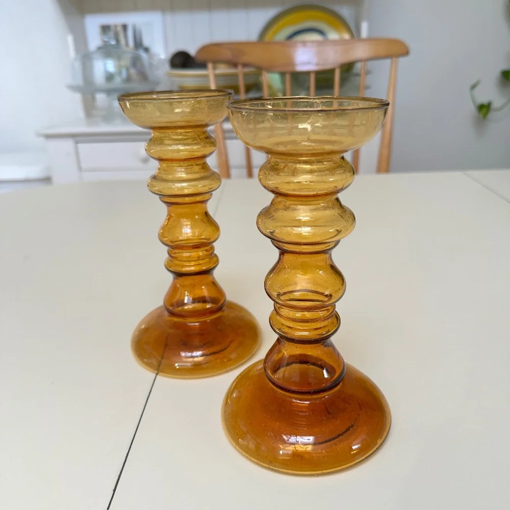 Two Amber Glass Candle Holders for Pillar Candles Handblown Vintage
